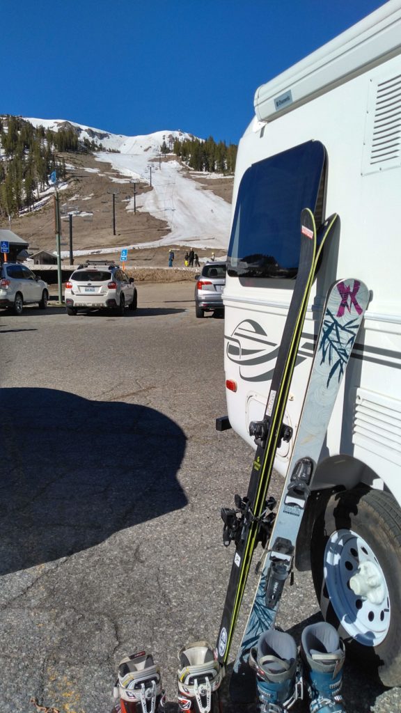 Annual spring skiing setup at Stump Alley, Mammoth, June 2019