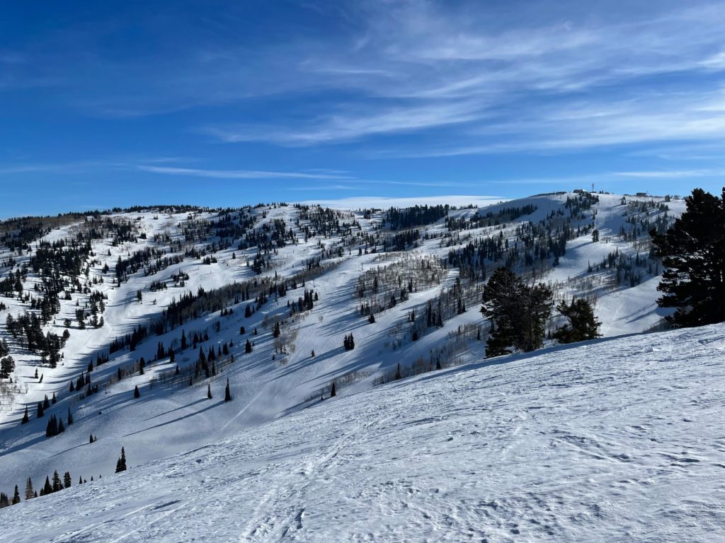 Overview of the Hidden Lake Express terrain from up on Paradise ridge at Powder Mountain, January 2022