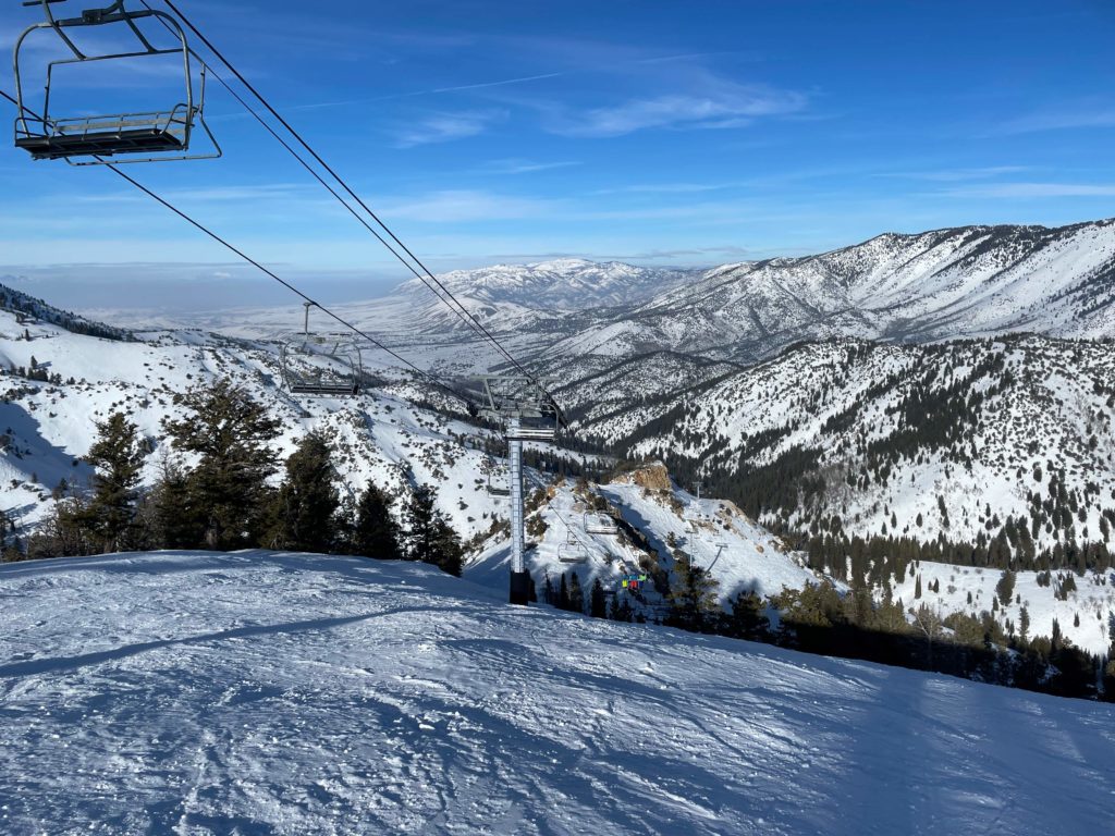 View out toward the town of Paradise from the top of the Paradise chair at Powder Mountain, January 2022