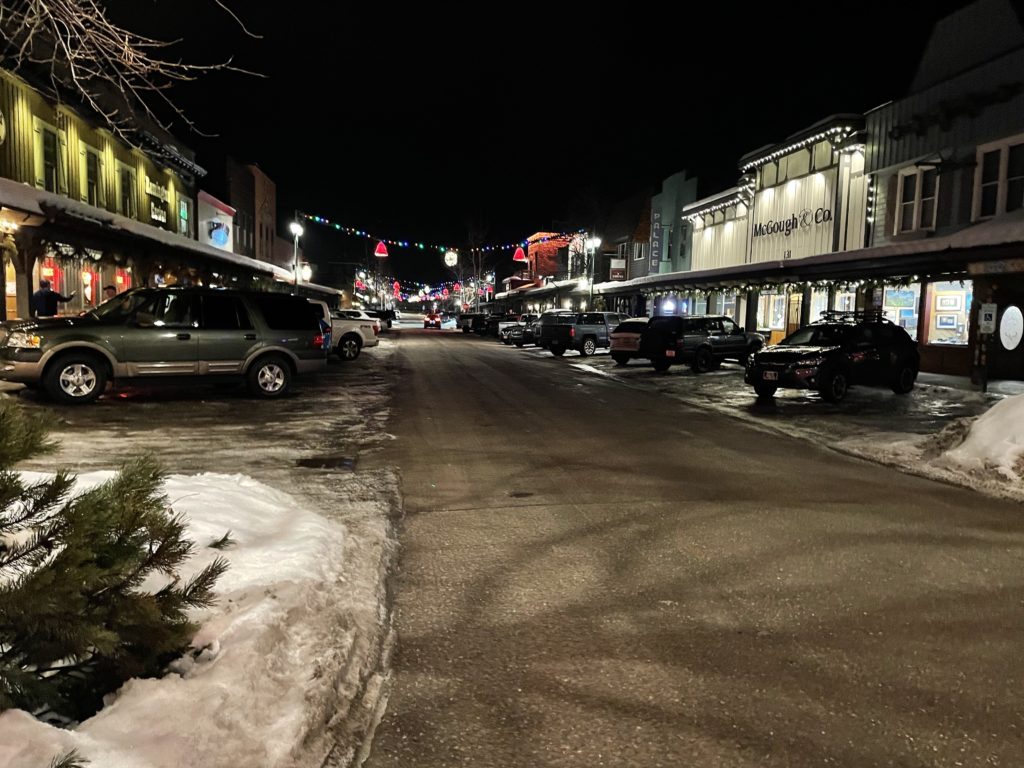 The town of Whitefish at night, January 2022