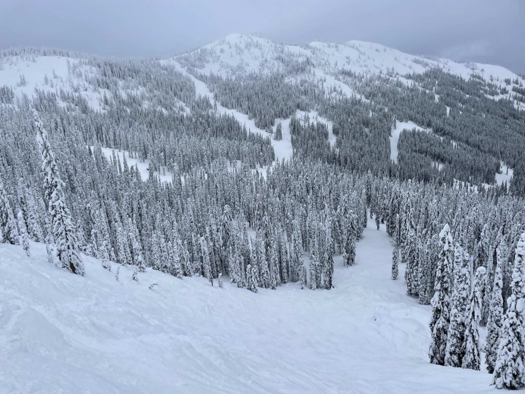 View of Grey Mountain from Beer Belly at Red Mountain Resort, January 2023
