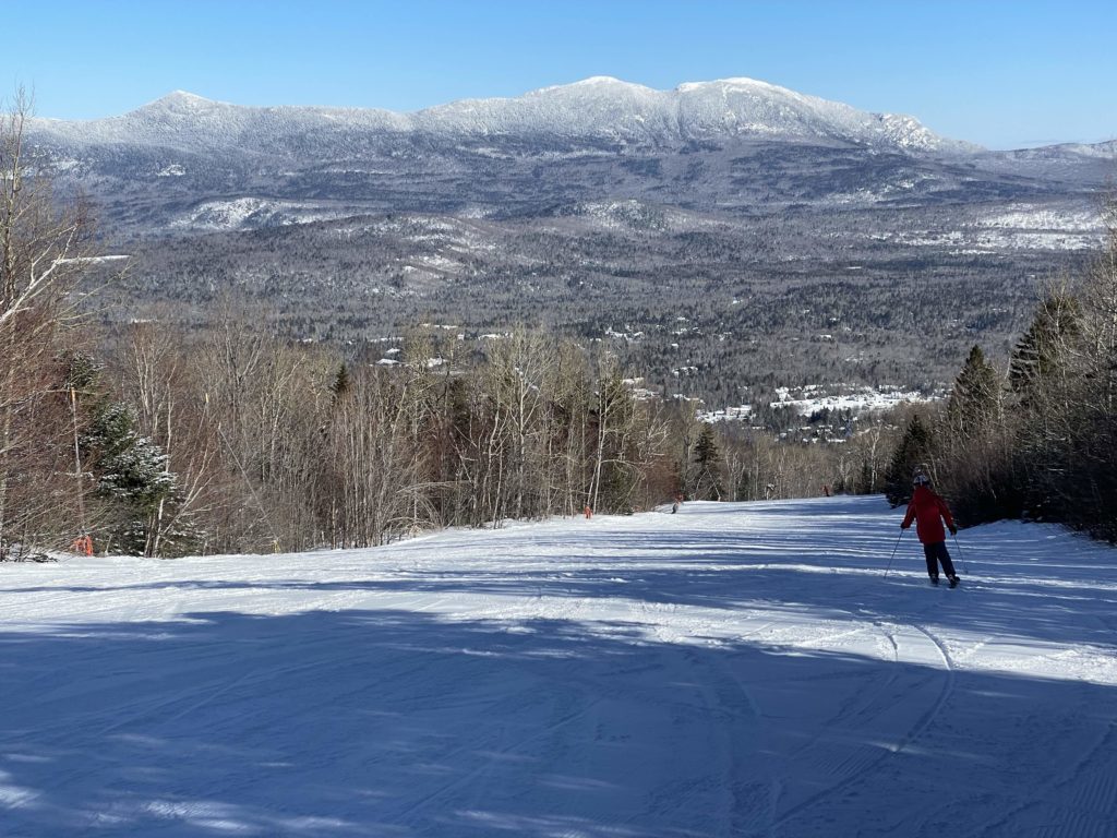 Easy groomers on the lower half of the Sugarloaf Superquad, March 2023