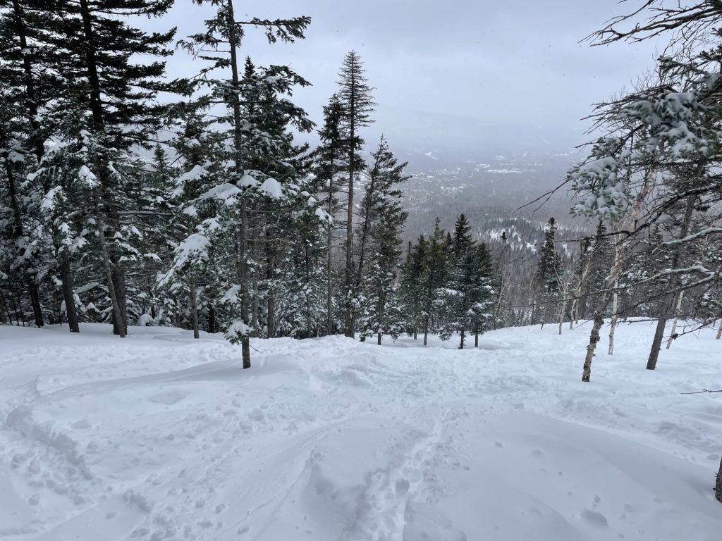 Burnt Mountain snowcat skiing terrain at Sugarloaf, March 2023