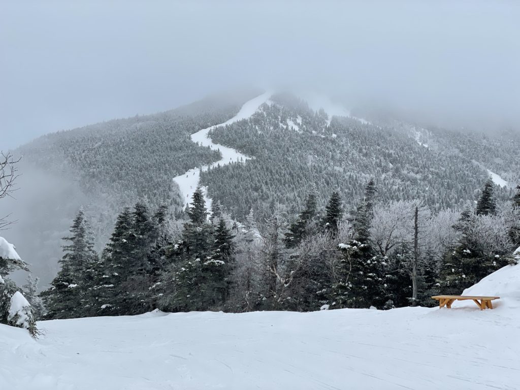 Looking up at the Vermonter run at Jay Peak, March 2023
