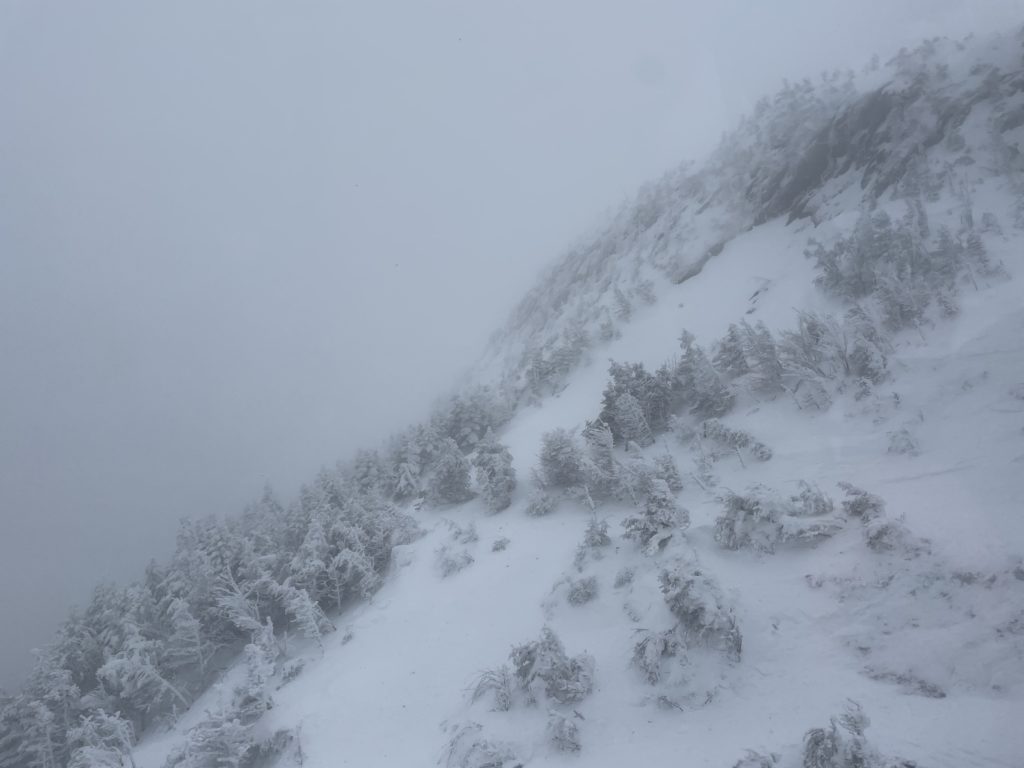 Steep terrain near the top at Jay Peak as seen from the tram, March 2023