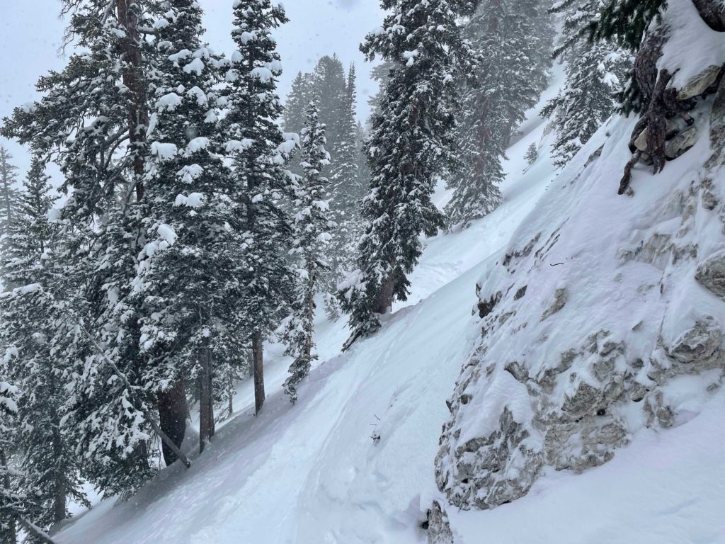 Lots of sneaky traverses at Solitude.  This is the lower Evergreen Chutes traverse, February 2024
