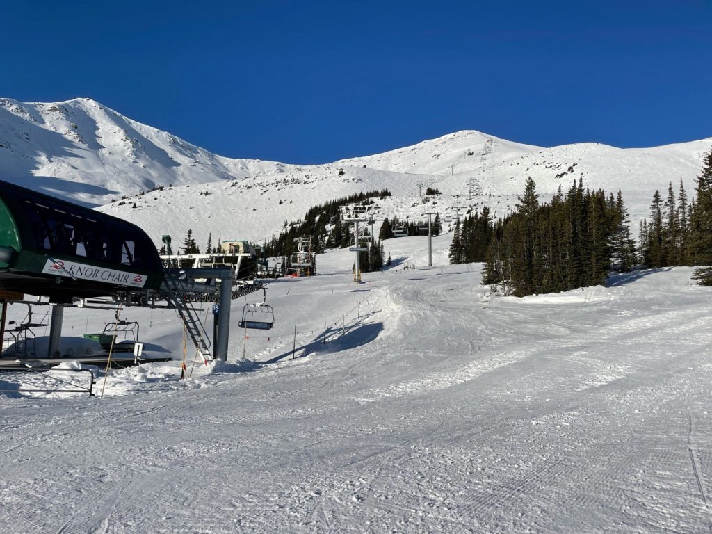 The Knob chair was added in 2024 replacing an older triple that terminated lower on the mountain. Marmot Basin, March 2024