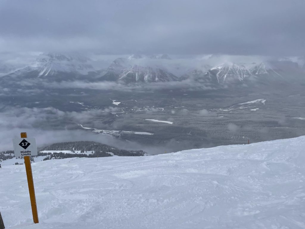 Steeper runs peel off from the Summit lift at Lake Louise, March 2024