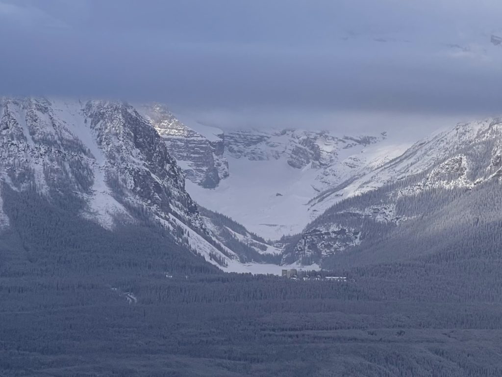View across the valley toward the Chateau Lake Louise, March 2024