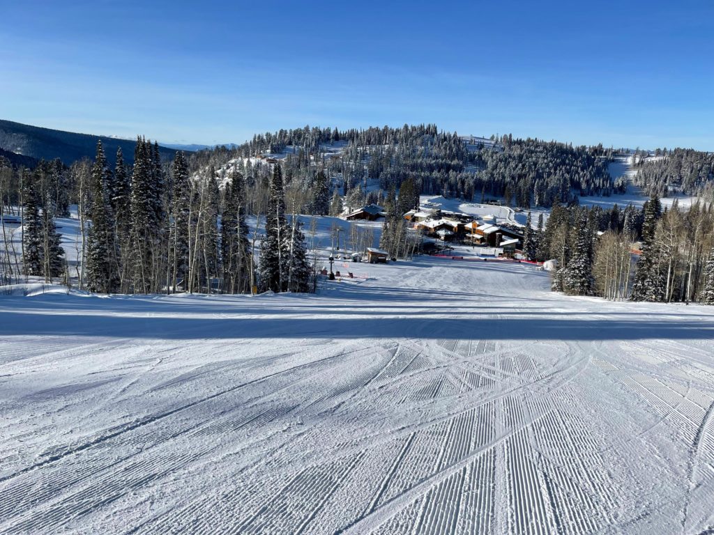 Tidy base area as seen from the Big Horn run next to the Shoshone beginner chair at Grand Targhee, December 2024