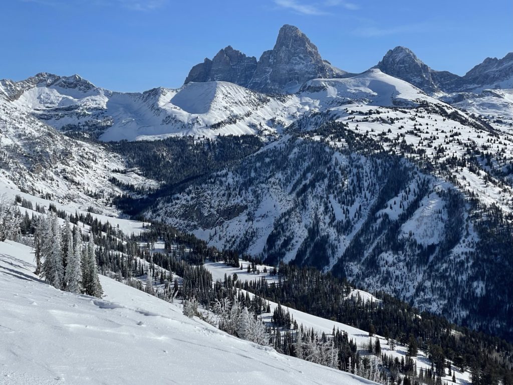 View of the 4 Teton peaks from Peaked Mountain at Grand Targhee, December 2024