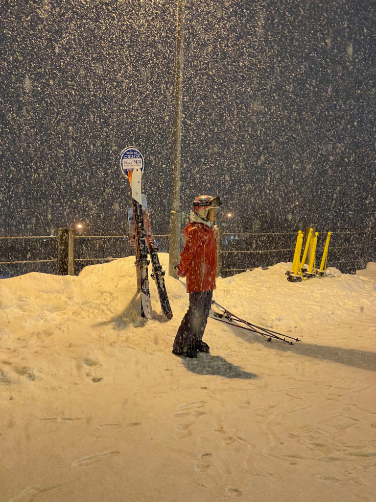 Waiting for the bus after night skiing at Hirafu Niseko, February 2025